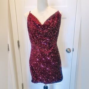 Sweetest Sparkle Burgundy Velvet Sequin Cowl Neck Mini Dress